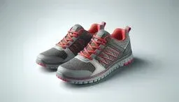 Pair of gray athletic sneakers with red accents, laces, and soles placed on a light gray surface, angled slightly to the left.