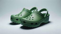 Pair of green rubber clogs with ventilation holes and heel straps on a neutral background