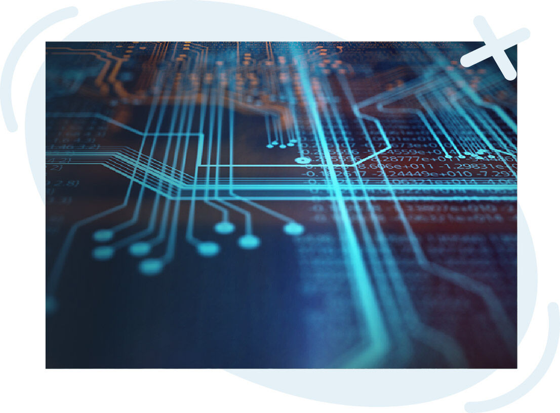 Close-up view of glowing blue circuit lines on a dark printed circuit board with faint numeric code overlay, conveying a high-tech, digital theme.