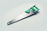 Hand saw with green handle on light background