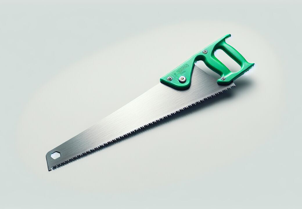 Hand saw with green handle on light background