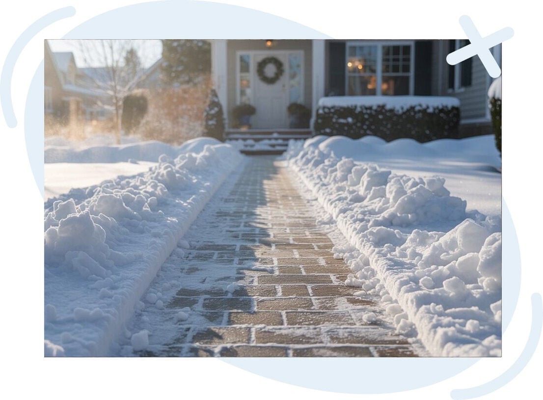 Freshly shoveled brick walkway leading to a house entrance, bordered by piles of snow on both sides on a bright winter day.