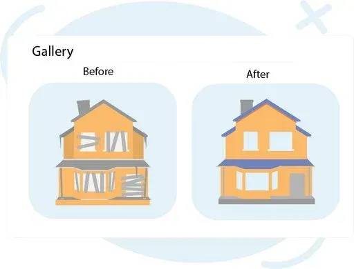 Side-by-side illustration labeled Gallery showing a house before and after renovation.