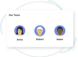Illustrated team section with three cartoon avatars labeled Anna, Robert, and Adam.