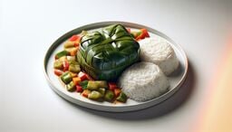 A plated meal featuring a neatly wrapped banana leaf parcel alongside two mounds of white rice and colorful braised vegetables in sauce.