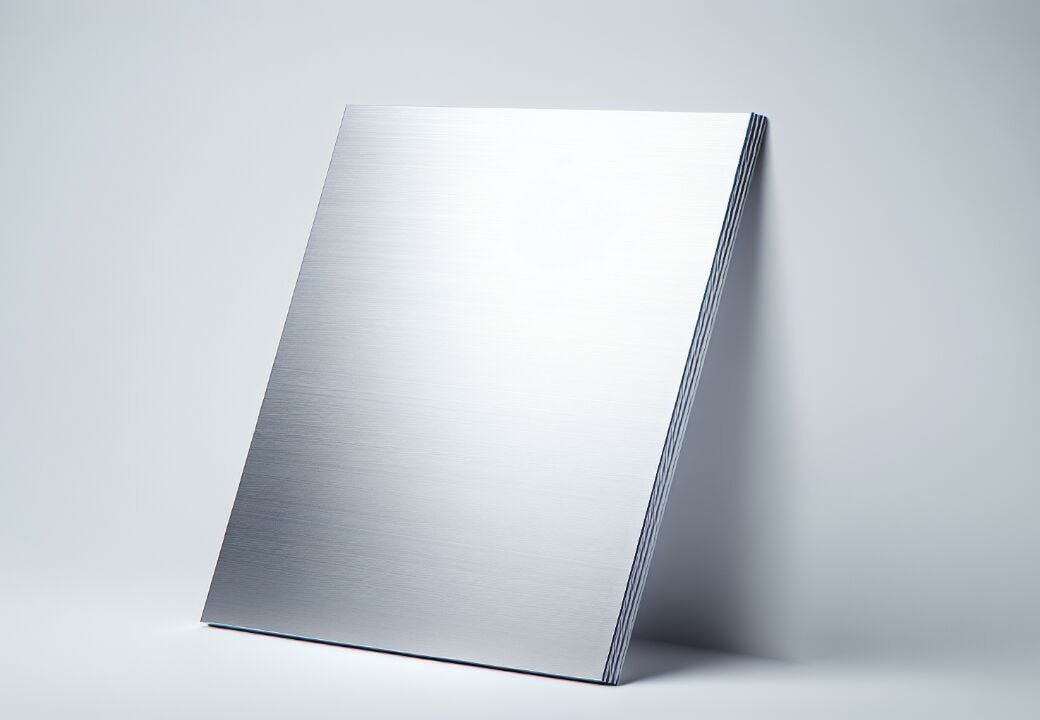 Stack of brushed aluminum sheets leaning against a light gray wall on a smooth surface.