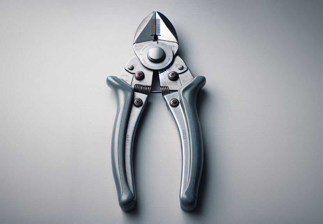Close-up of a pair of heavy-duty wire cutters on a neutral gray surface