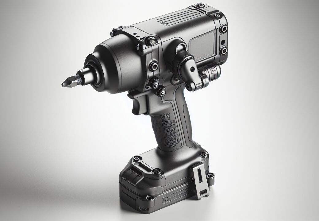 Close-up of a sleek, black cordless impact driver or power drill standing upright on a light background.