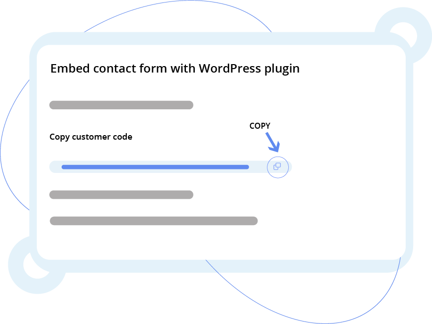 Instructional graphic showing how to embed a contact form with a WordPress plugin and copy a customer code.
