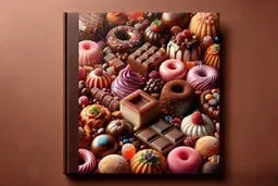 Cookbook cover featuring an overhead array of assorted gourmet desserts in rich, warm tones on a brown background.
