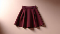 Burgundy pleated A-line skirt laid flat on a soft beige background, showcasing its structured waistband and gentle box pleats that create a flared silhouette.