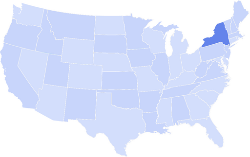 Map of the United States with New York state highlighted in a darker blue.