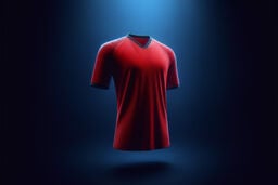 Floating red athletic T-shirt with V-neck, spotlighted against a dark blue gradient background.