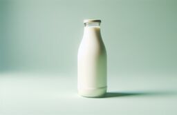 Minimalist photo of a full glass milk bottle with a cap against a soft mint-green background