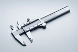 Close-up of a metal vernier caliper on a light gray background, showing measuring jaws and scale.