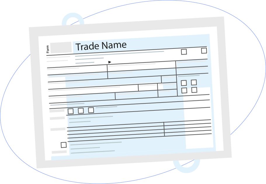 Illustration of a filled-out business form labeled Trade Name, featuring text fields and checkboxes on a tilted sheet.