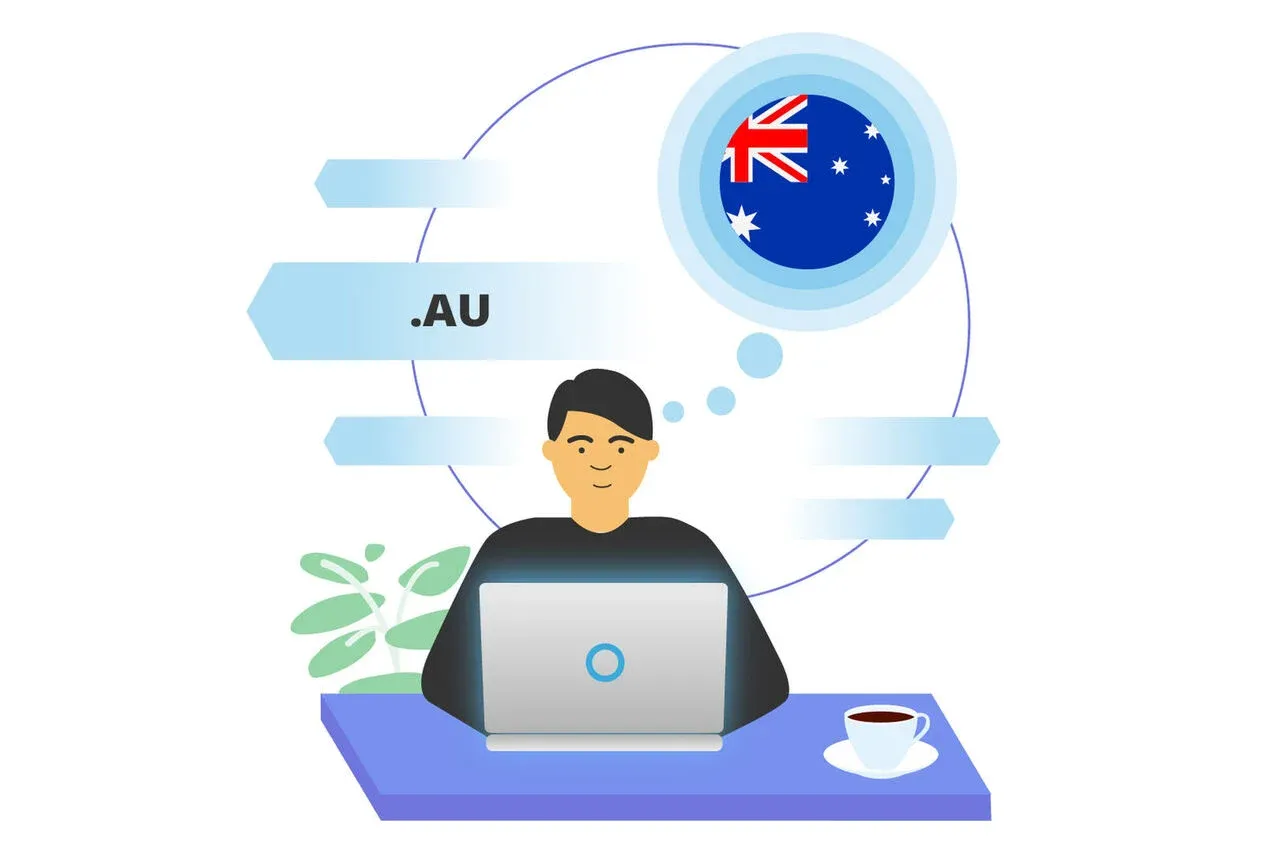 Illustration of a person using a laptop and thinking about the Australian .AU domain, shown by a thought bubble with the Australian flag.