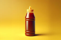 Plastic squeeze bottle of dark reddish-brown sauce with a yellow cap and nozzle, centered against a smooth golden-yellow background.