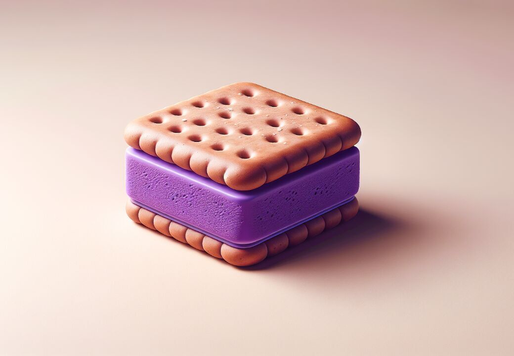 Close-up of a square sandwich cookie with a thick layer of bright purple filling between two golden-brown biscuits on a soft beige background.