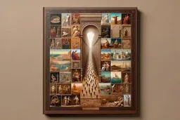 Framed collage of classical art surrounding a central illuminated archway with tiny figures ascending steps toward the light