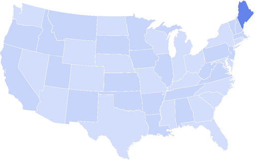 Map of the United States with the state of Maine highlighted in a darker blue.