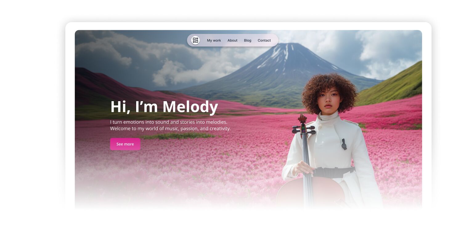 Portfolio website hero section featuring a musician in a white outfit holding a cello, standing in a vast pink flower field with a mountain and dramatic clouds in the background.