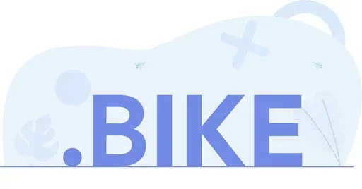 Minimal illustration featuring the text .BIKE in bold blue letters with abstract soft blue shapes in the background.