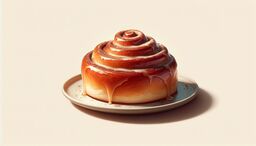 Warm cinnamon roll with glossy icing dripping down, sitting on a neutral ceramic plate against a light beige background.