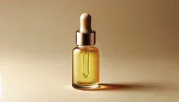 Golden facial serum dropper bottle standing on a beige surface with warm, soft lighting and a long shadow.