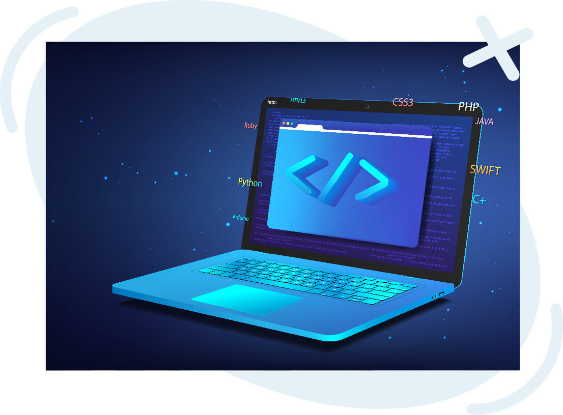 Illustration of a glowing blue laptop displaying a code editor window with angle bracket symbols, surrounded by the names of programming languages like HTML5, CSS3, PHP, Java, Swift, C++, Python, Ruby, and Arduino on a dark starry background.