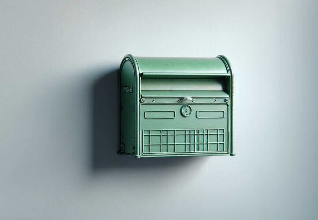 Vintage green wall-mounted mailbox against a light gray wall.