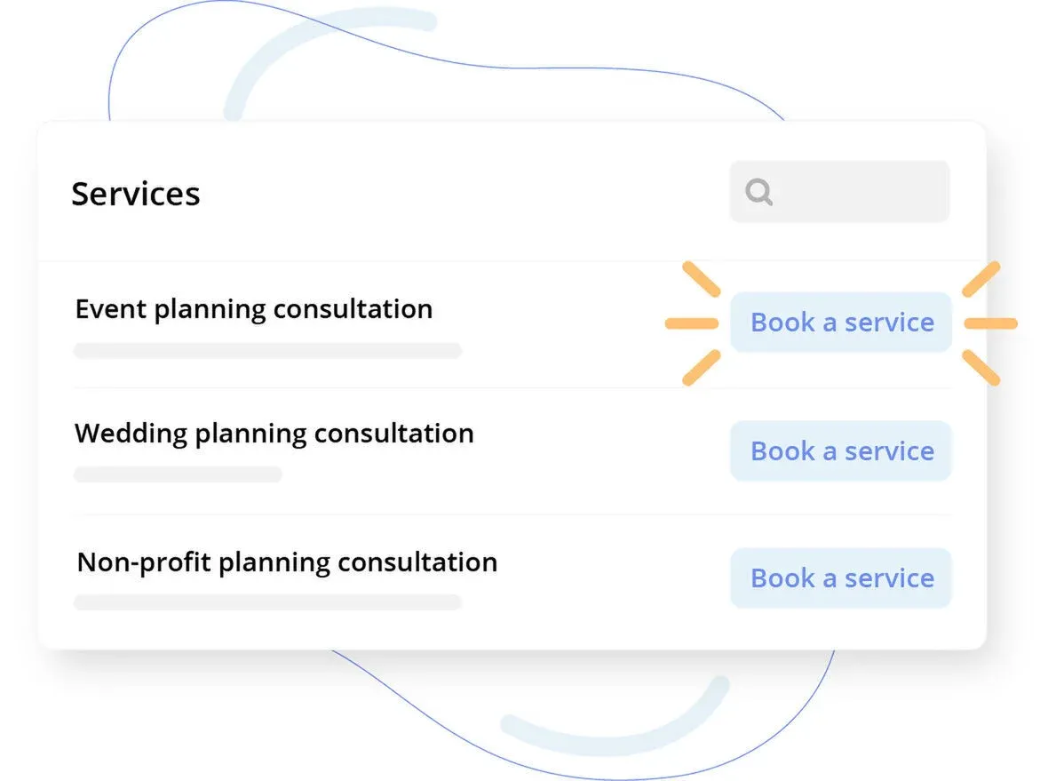 UI mockup of a services list with a search bar and 'Book a service' buttons for each item.