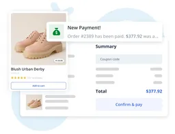 E-commerce checkout UI showing a shoe product card and a payment confirmation banner over a cart summary.