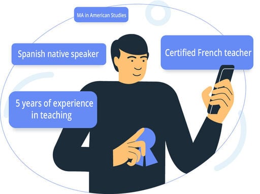 Illustration of a language teacher holding a smartphone with badges highlighting qualifications: Spanish native speaker, Certified French teacher, 5 years of experience in teaching, and MA in American Studies.