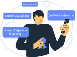 Illustration of a language teacher holding a smartphone with badges highlighting qualifications: Spanish native speaker, Certified French teacher, 5 years of experience in teaching, and MA in American Studies.