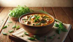 Rustic bowl of Thai vegetable curry soup with tofu cubes, green beans, and fresh basil on a wooden table beside herbs.