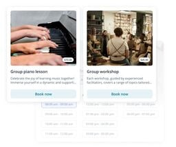 Two booking cards for classes: a group piano lesson with hands playing a keyboard and a group workshop in a pottery studio, each showing price and a Book now button.