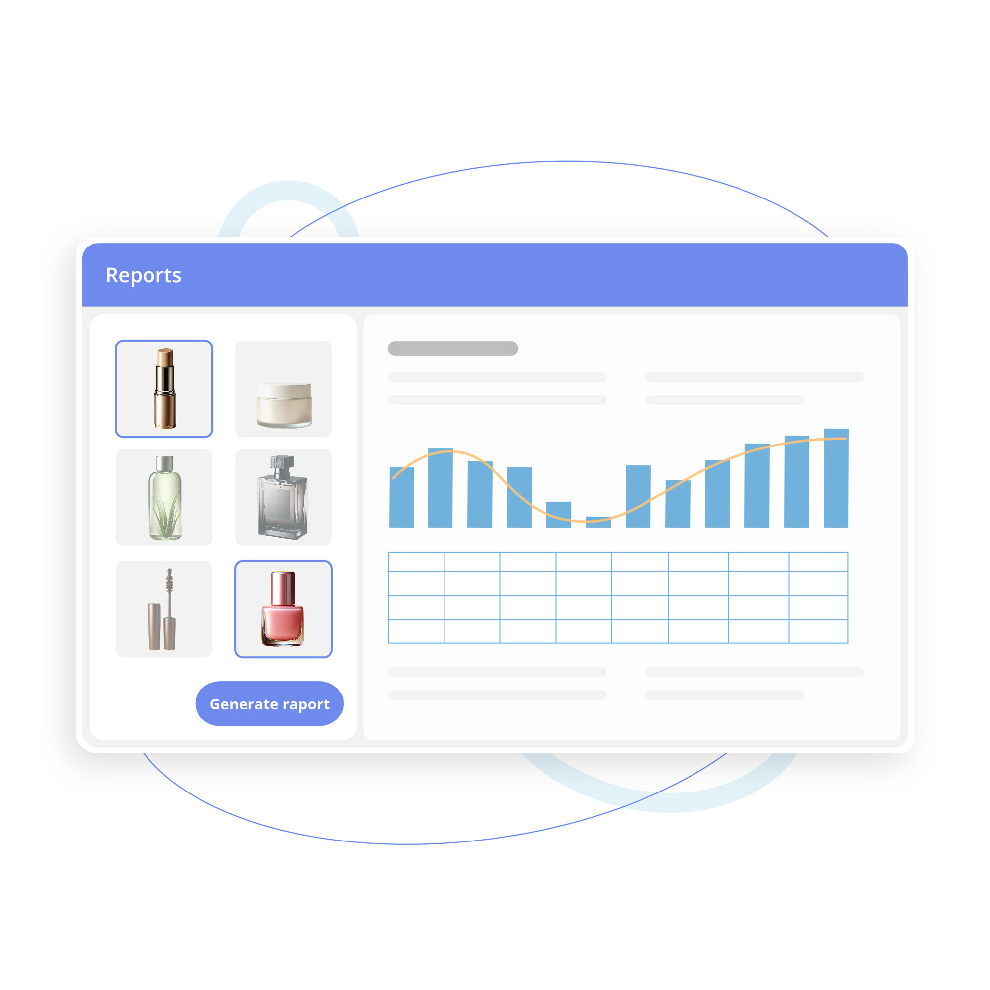 Dashboard-style report interface with product thumbnails and a bar chart with trend line.