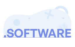 Minimalist banner with the word “.SOFTWARE" in large blue letters over a pale abstract background with soft shapes and icons.