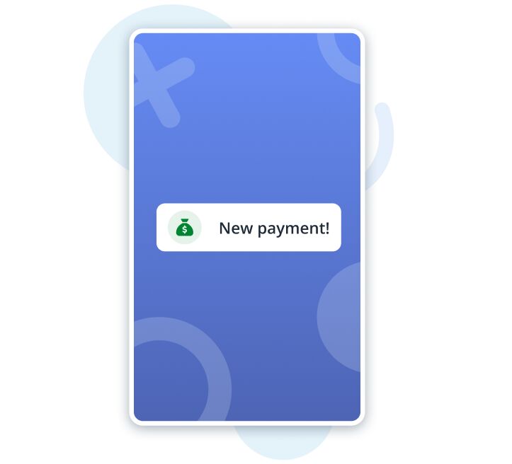 Mobile-style notification card with text 'New payment!' on a blue gradient background.