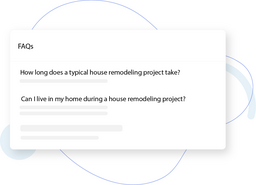 Minimal FAQ card UI with two questions about house remodeling on a white panel over abstract blue shapes.