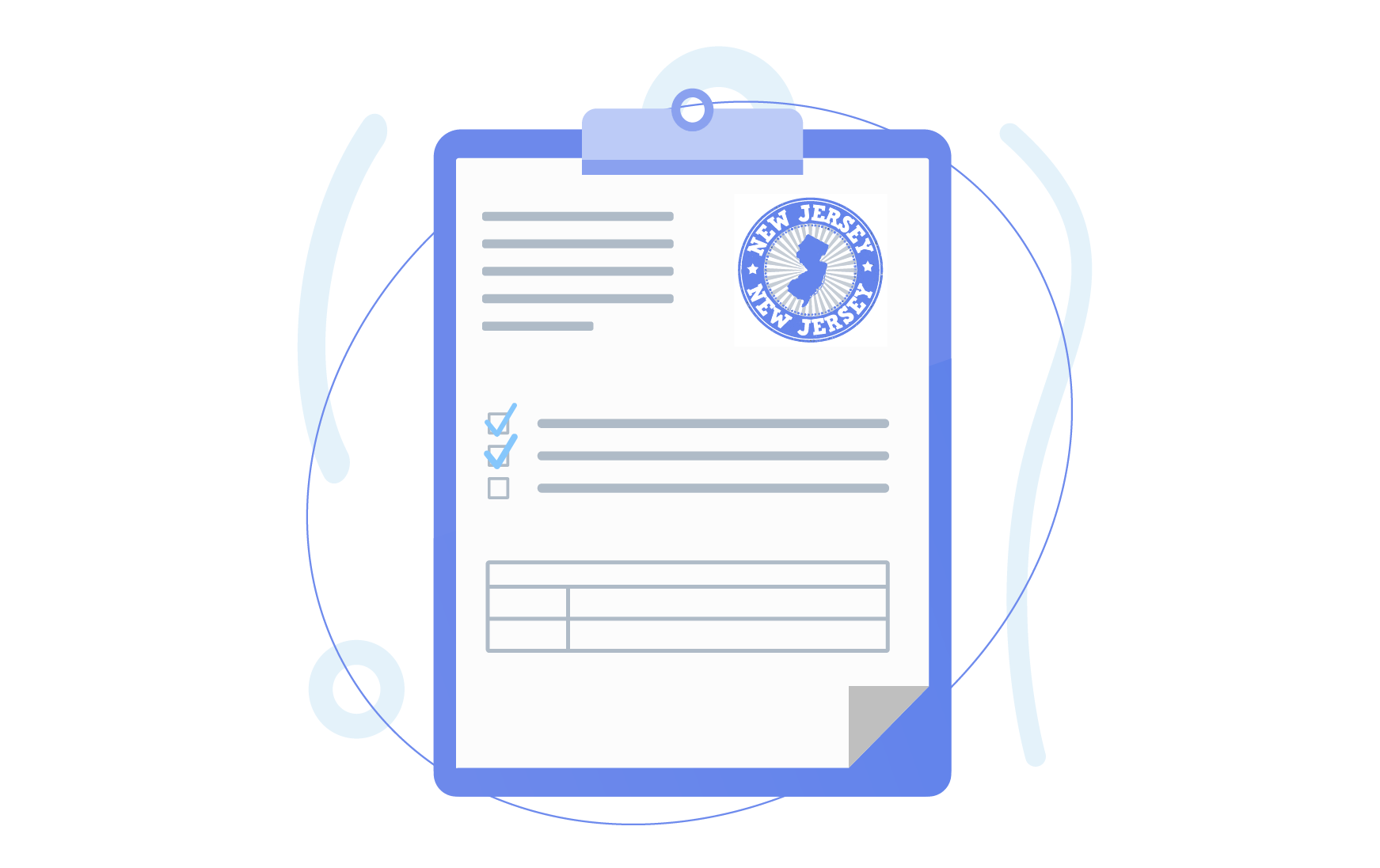 Illustration of a clipboard with a New Jersey–branded form and checkmarks.