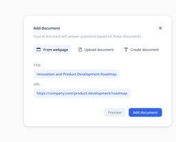 Interface modal for adding a document to an AI assistant, showing fields for title and URL with options to import from webpage, upload, or create document.