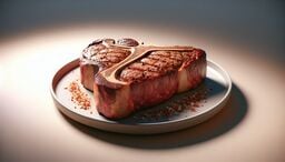 Close-up of a thick T-bone steak on a round plate, sprinkled with coarse salt and spices under dramatic lighting.