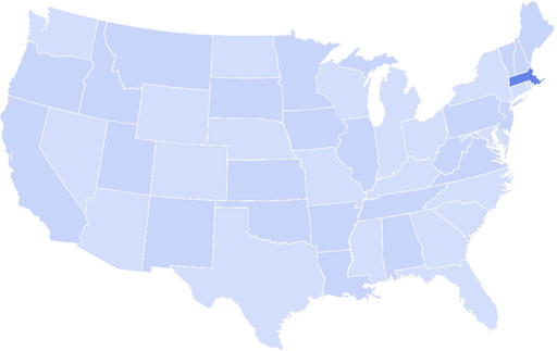 Map of the United States with Massachusetts highlighted in a darker blue color.