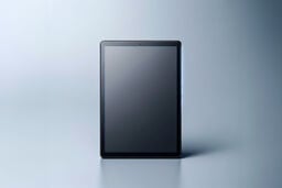Black tablet standing upright on a minimalist gray background with soft lighting and a faint reflection on the surface.