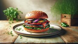 Gourmet veggie burger on a rustic plate, layered with grilled eggplant, peppers, onions, and leafy greens on a sesame bun, styled in a cozy kitchen setting.