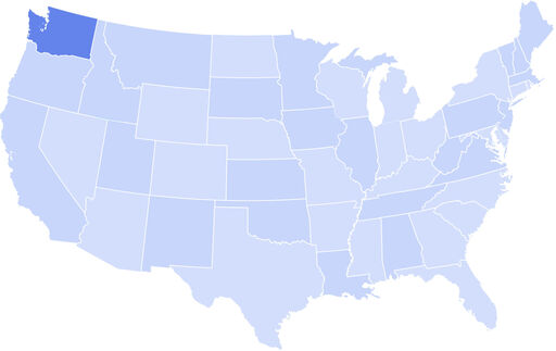 Map of the United States with Washington state highlighted in a darker blue.