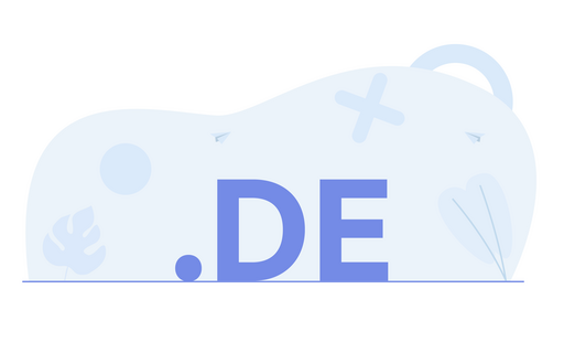 .DE text in large blue letters on a light abstract background with soft shapes and minimal illustrations