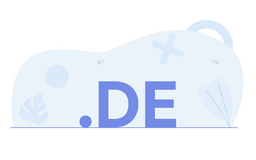 .DE text in large blue letters on a light abstract background with soft shapes and minimal illustrations